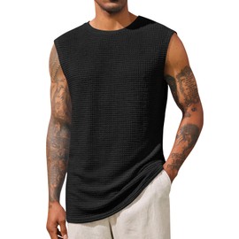 Runcati Mens Waffle Tank Tops Sleeveless T-Shirts Athletic Muscle Summer Beach Hippie Shirts Black