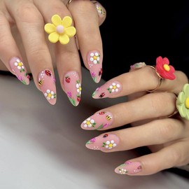 MERVF Almond Press on Nails Medium Fake Nail Cute Bee Glue ons Nails Daisy Flower Design Spring Stiletto Acrylic Supplies DIY Manicure Glossy 24pcs