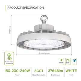 ASD LED High Bay UFO Light Fixture, Commercial Shop Lighting | 3CCT, Dimmable, IP69K Waterproof, DLC Premium, UL Listed | 240W 37600LM 3000-5000K 100-277V | Warehouse, Garage, Workshop Lamp | White