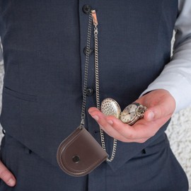 CLISPEED Vintage Leather Pocket Watch Pouch with Bronze Chain - Portable Pu Watch Storage Bag for Men, Ideal for Travel and present