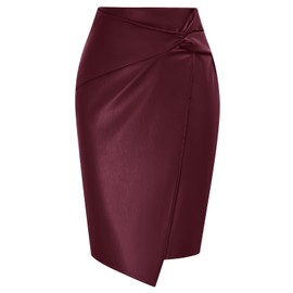 Kate Kasin Women's High Waisted Knee Length Leather Skirts Bodycon Wrap Business Pencil Skirt Merlot-Leather M