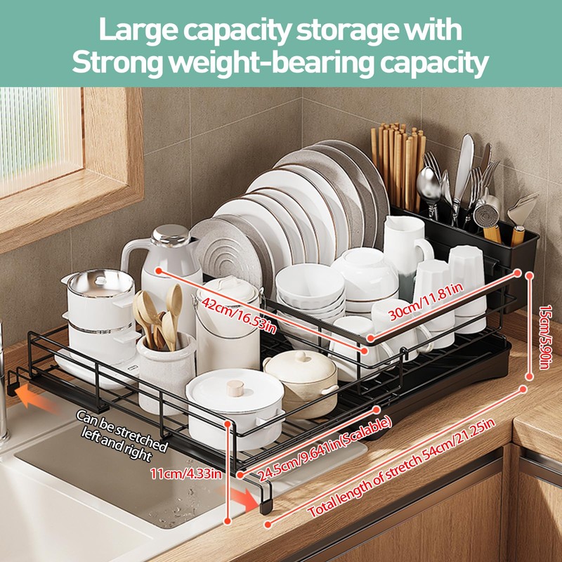 Large Dish Drying Rack,Extendable Dish Rack With Cutlery Holder, Anti-Rust