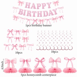 Pink Bow Birthday Party Decorations Coquette Birthday Decorations Includes Backdrop Soccer Honeycomb Centerpiece Hanging Balloons Banner for Girls Women Party Supplies