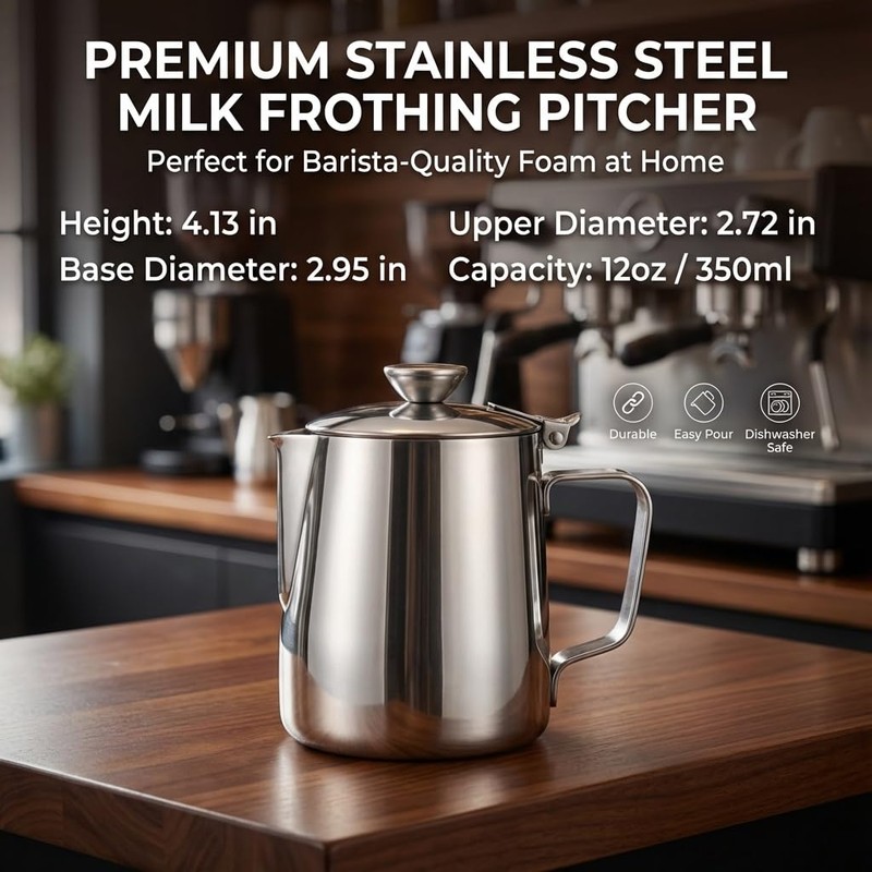 MEKOTRIN Milk Frother Cup 350ml (12oz), Stainless Steel Creamer Pitcher