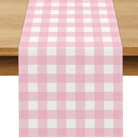 Buxiuer Pink Gingham Party Supplies Light Pink and White Checkered Table Runner Easter Baby Shower BBQ Picnic Home Kitchen Island Decor