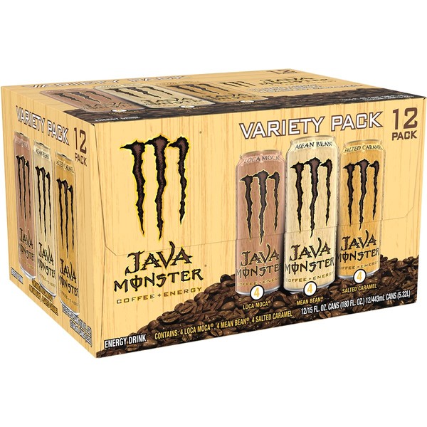Java Monster Variety Pack, Java Monster Mean Bean, Java Monster Loca Moca, Java Monster Salted Caramel, Coffee + Energy Drink, 15 Ounce (Pack of 12)