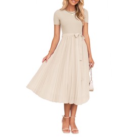 ZESICA Womens Summer Short Sleeve Midi Dresses Spring Casual Crew Neck Knit Belted Pleated A Line Flowy Wedding Guest Dress,Apricot,Medium