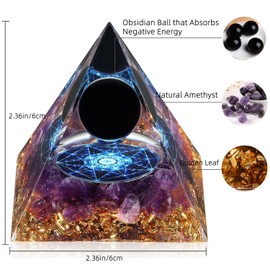 Besorgone Handmade Orgonite Pyramid for Positive Energy Obsidian Crystal Sphere Ball Orgone Pyramide Collection with Amethyst Healing Stones Attract Wealth Luck Meditation Tool
