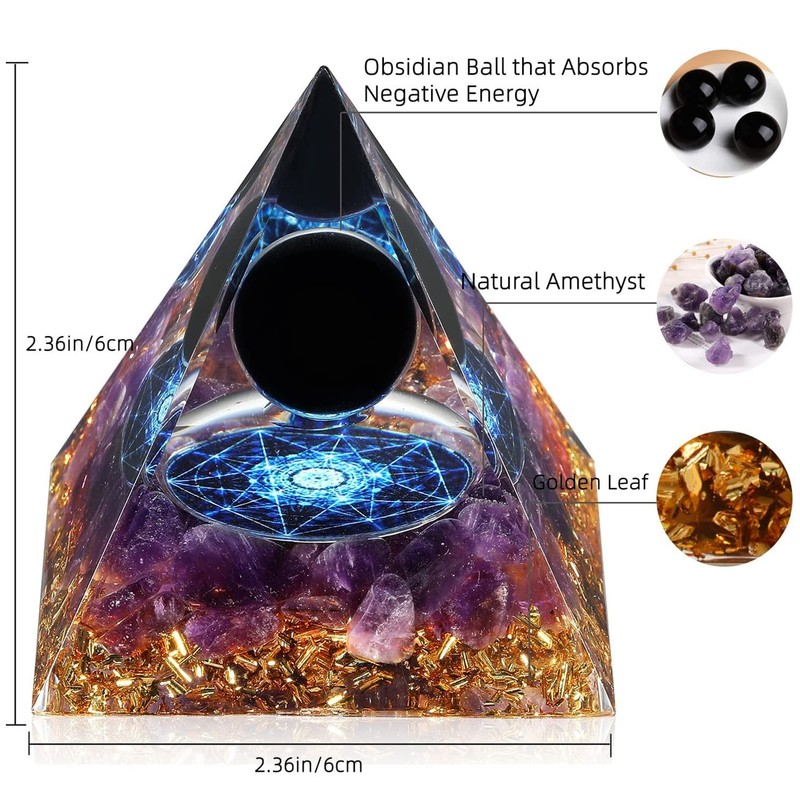 Besorgone Handmade Orgonite Pyramid for Positive Energy Obsidian Crystal Sphere