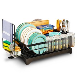 DINEST 1 Tier Dish Drying Rack with Drainboard – Rust Resistant Iron Kitchen Dish Rack with 270° Rotating Spout, Utensil & Plate Holders – Compact Drying Rack for Kitchen Counter - Black