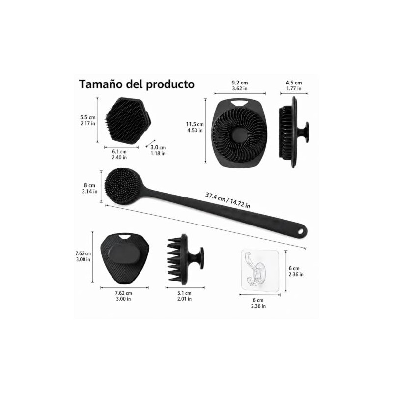 Set de 6 Cepillos Corporales de Silicona: Cepillo de Espalda