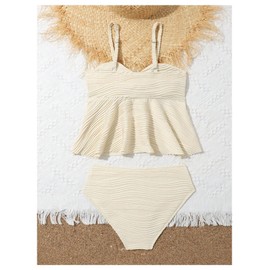 OYOANGLE Girl's 2 Piece Textured Tankini Swimsuit Twist Front Ruched Ruffle Bikini Set Bathing Suits Beige 12Y