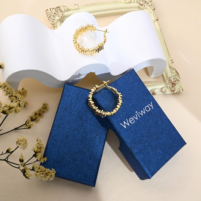 14K Gold Plated Hoop Earrings, Sterling Silver Needle, Lightweight with