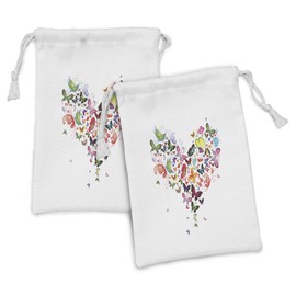 Lunarable Hearts Fabric Pouch Set of 2, Big Heart Image Shaped out of Various Types of Colorful Flying Butterflies in Nature, Small Drawstring Bag for Toiletries Masks and Favors, 9" x 6", Multicolor
