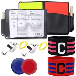 Pack of 6 Football Referee Set, Football Referee Cards Set, PVC Red Yellow Card, Referee Cards with Captain's Bracelet, Whistle, Bag Score Book for Football Game School Sports