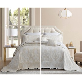 Blythease Oversized King Bedspread 128x120 Extra Wide, Jacquard Matelasse Damask Pattern Design, Lightweight, Reversible, 5 Piece, 100% Microfiber, Ivory