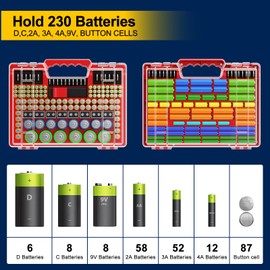 Yeenhoopy Battery Organizer Storage Holder Box Case with Tester, Stores & Protects Up to 260 Batteries, Double-Clear Locking Lid, Holds AA AAA C D and More (Red)