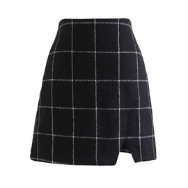 CHICWISH Women's Black Grid Wool-Blend Mini Bud Skirt
