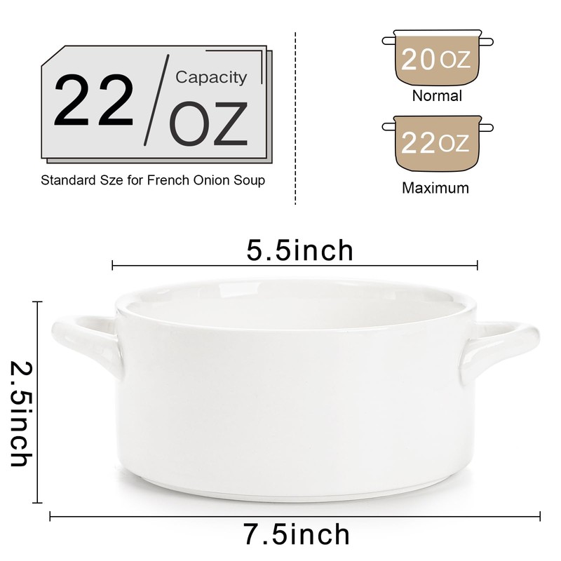 SOUJOY 6 Pack French Onion Soup Bowls, 22Oz Porcelain Serving