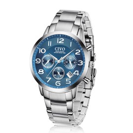 CIVO Men's Watches Stainless Steel Analogue Quartz Waterproof Date Luminous Classic Business Gifts for Men, B-2 Silver/Blue