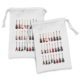Ambesonne Guitar Fabric Pouch Set of 2, Musical Instruments Set Pattern Various Acoustic Bass Making Music, Small Drawstring Bag for Toiletries Masks and Favors, 9" x 6", Vermilion Black White