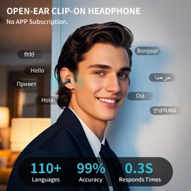 AI Translation Earbuds Real Time, 3-in-1 Translator Clip on Earbuds,110+ Languages & Accents, Open Ear Headphones,OWS Bluetooth Sport Earphones with Charging Case, Free APP Fit IOS & Android (Black)