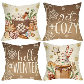 Hello Winter Brown Decorative Throw Pillow Covers 18 x 18 Set of 4