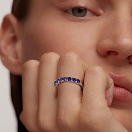 RANDES Blue Sapphire Rings for Women 925 Sterling Silver 7 Stone Ring Eternity Band September Birthstone Ring Size 7