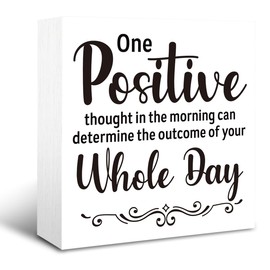 One Positive Thought in the Morning Sign, Inspirational Wood Sign, Rustic Box Sign Decor Tabletop, Positive Home Decor, Office Decor for Countertop Shelf Desk, Farmhouse Wooden Box Sign