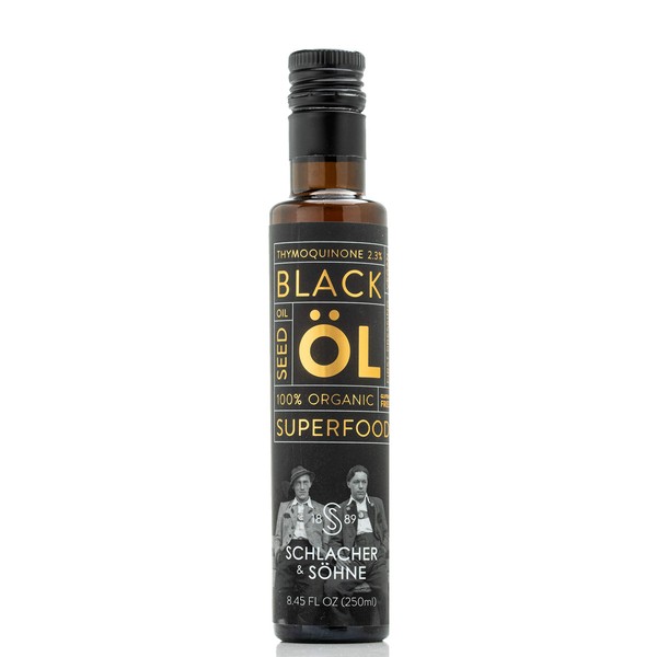 Schlacher & Söhne MILD Taste Organic Black Seed Oil: 100% Pure, Cold Pressed, 2.3% Thymoquinone, Black Cumin, Nigella Sativa, Non GMO, First Pressing from Egyptian Seeds, No Additives, (8.4 FL OZ)