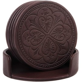 Drink Coasters,PU Leather Bar Beer Beverage Coaster for Drinks Set of 6 with Holder Coasters for Wooden Table Coffee Table Absorbent, Easy Clean Cup Coaster Easter Housewarming Gifts