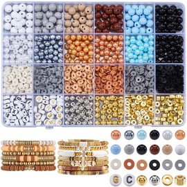 SOFPLATE 1 Box 2220Pcs Friendship Bracelet Kit Brown Clay Beads Bracelet Making Kit Plastic Flat Round Polymer Heishi Spacer Beads with Letters Kits for Jewelry Bracelets Making Accessories DIY Crafts