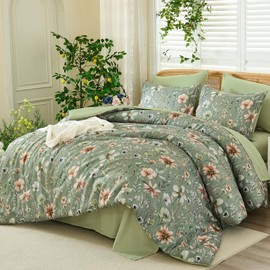Luxudecor Queen Floral Comforter Set 7 Pieces,Sage Green Floral Comforter with Sheet Set,Flowers Leaves Pattern Bed in a Bag,Soft Microfiber Bed Set 90"x90"
