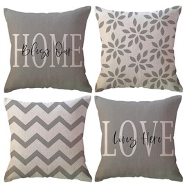 Bless Our Home Throw Pillow Covers 18x18 Double-sided Printed Farmhouse Geometric Dahlia Floral Pillowcases Modern Decorative Cushion Covers 4Pack for Porch Couch Sofa Decor (Grey)