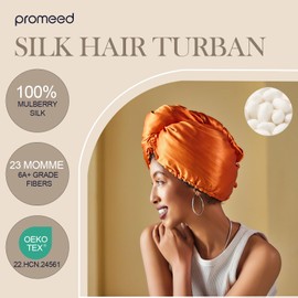 PROMEED Hyaluronic Acid Silk Bonnet for Sleeping, 100% Mulberry 23 Momme Silk Turban for Hair Hydration Treatment and Frizz Control (CAMEL ORANGE)