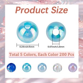 PONABEADIY 1 Box 6MM 200PCS Blue Round Bubblegum Chunky Beads with Holes AB Color Transparent Acrylic Loose Spacer Charm Bead Bulk for Jewelry Making Earrings Bracelets Necklaces DIY Craft Supplies