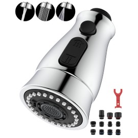 Kitchen Faucet Head Replacement, Pull Down Faucet Spray Head, 3 Function Faucet Tap Spout Sprayer Nozzle for Kitchen Faucet with 11 Adapters, Chrome