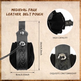 LEIFIDE 2 Pcs Medieval Faux Leather Pouch Portable Drawstring Purse Medieval Belt Pouch Vintage Renaissance Belt Pouch Dice Bag for Men Women Costume Accessories (Black)