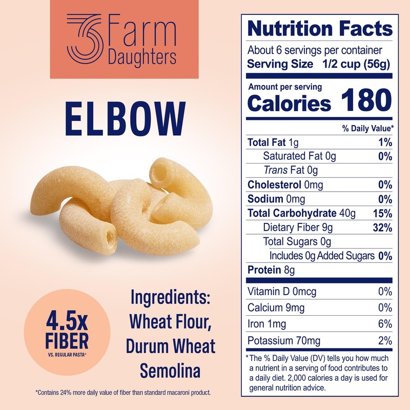 Three Farm Daughters High Fiber Elbow Macaroni Pasta Pack, Low