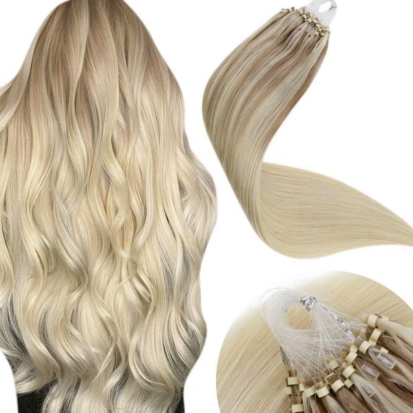 LaaVoo Micro Ring Human Hair Extensions 16 Inch Micro Links Hair Extensions Balayage Color Ash Blonde Mixed Medium Blonde Fading to Platinum Blonde Micro Beads Hair Extensions 1g/1strand 50g