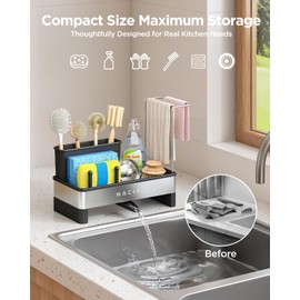 Nacial Sponge Holder for Kitchen Sink, Sink Caddy Organizer with High Brush Holder, Two Towel Racks & Soap Dispenser- Rustproof 304 Stainless Steel Kitchen Countertop Storage Essentials - Black