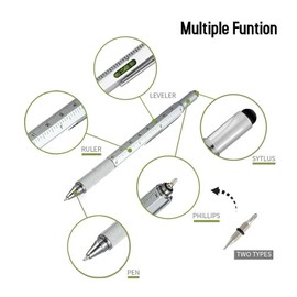 Twist-action Metal 5-in1 Ballpoint Pen and Stylus with 3" Ruler, Spirit Level Reversible Small Phillips & Flathead Screwdriver-Silver