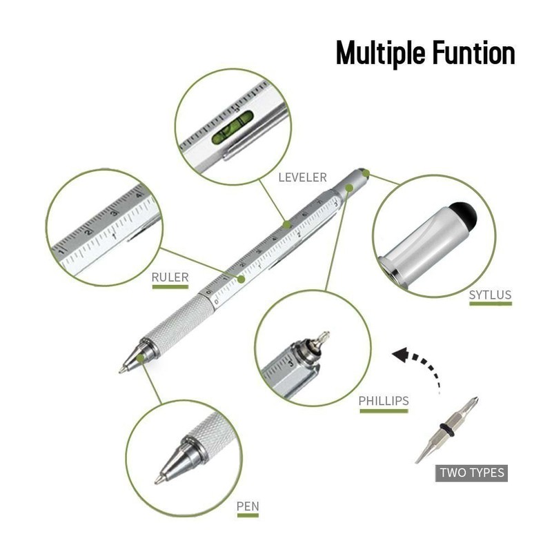 Twist-action Metal 5-in1 Ballpoint Pen and Stylus with 3" Ruler,
