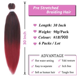 Samtress Pre Stretched Braiding Hair 30 Inch Long Knotless Easy Fry Yaki Texture Kanekalon Synthetic Hair Ombre Burgundy Hot Water Setting for Box Braids 6 Packs (#1B/900)