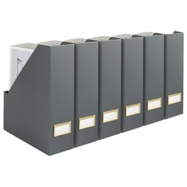 BLU MONACO Décor and Organization with a Set of 6 Cute Magazine Holders, Foldable File Boxes in Grey with Gold Label Holders - Home Office Desktop or Bookshelf Organizer - Magazine Rack Book Bins