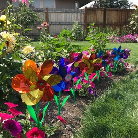In the Breeze 2721 Mylar Pinwheels with Leaves, Rainbow Flower/8 PC