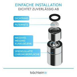 Bächlein Universal Dual Jet Chrome Tap Attachment - Rotating Tap Aerator for Kitchen Faucets