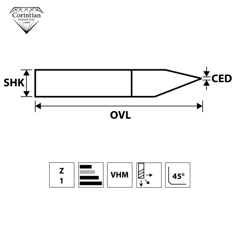 Corintian Solid Carbide Engraving Graver, Diameter 4 mm, 45 Degrees,