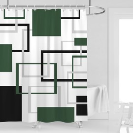 Kikiry Green Black Shower Curtain 60''W x 72''L Abstract White Grey Gray Emerald Geometric Checkered Modern Geometry Mid Century Neutral Minimalist Design Polyester 12 Pack Plastic Hooks