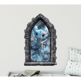 3D Castle Window Wall Decal - Baby Ice Dragon - Castle Scape Stone Window - Fantasy Fairytale Wall Art - Removable Repositionable Fabric Wall Sticker - Peel & Stick (36" Tall x 23" Wide)